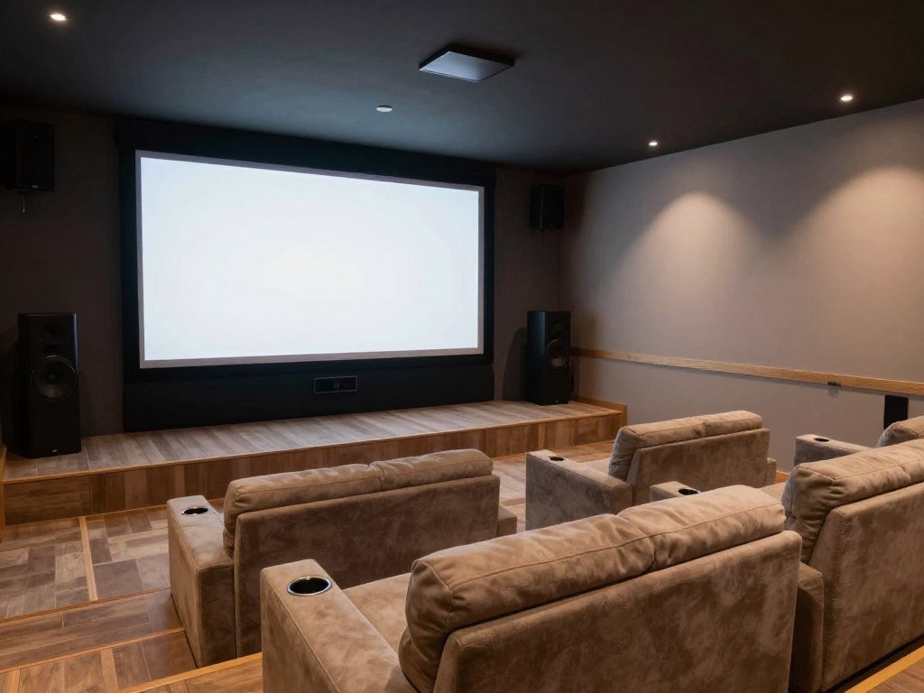 Home theater garage man cave with projector screen and tiered seating