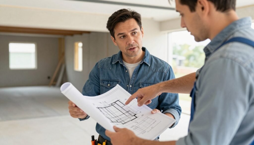 Homeowner and professional contractor discussing garage plans