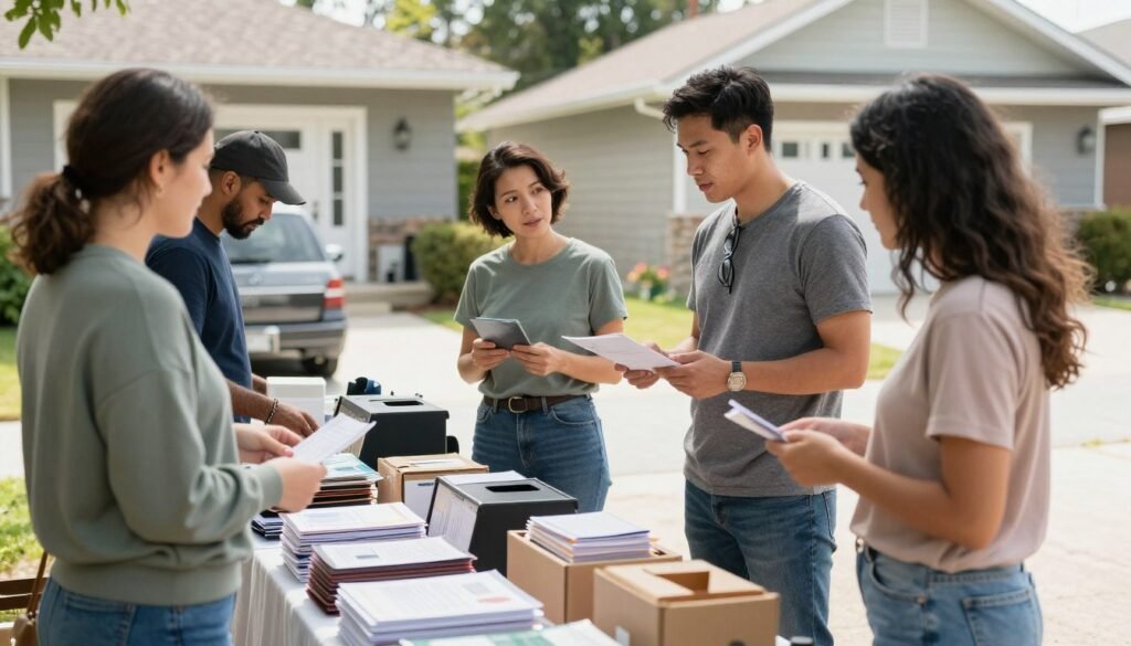 Homeowner interacting with customers at a busy garage sale