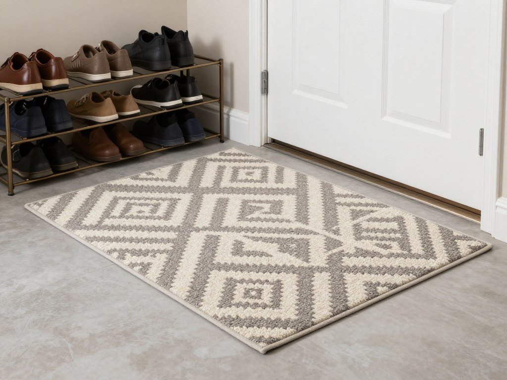Indoor/outdoor washable rug in garage entryway with shoe storage nearby