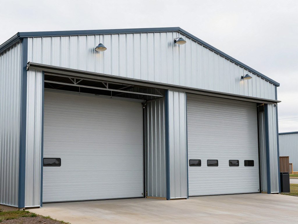 Industrial chic pole barn garage with metal elements and utilitarian design