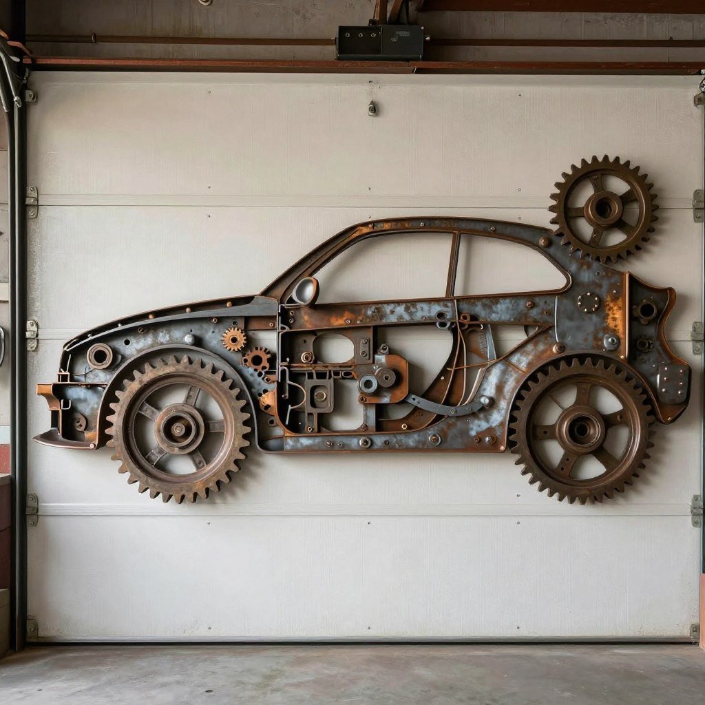 Industrial garage art featuring mechanical elements and raw materials Industrial garage art featuring mechanical elements and raw materials