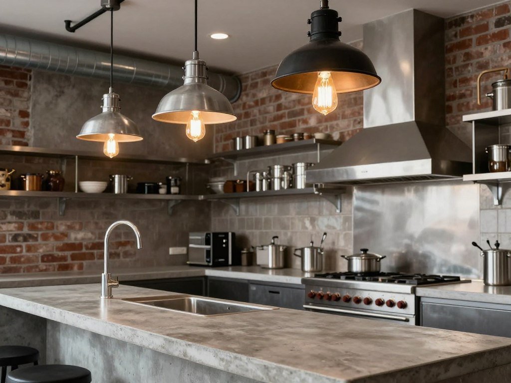 Industrial kitchen with exposed bulb pendants and metal fixtures Industrial kitchen with exposed bulb pendants and metal fixtures