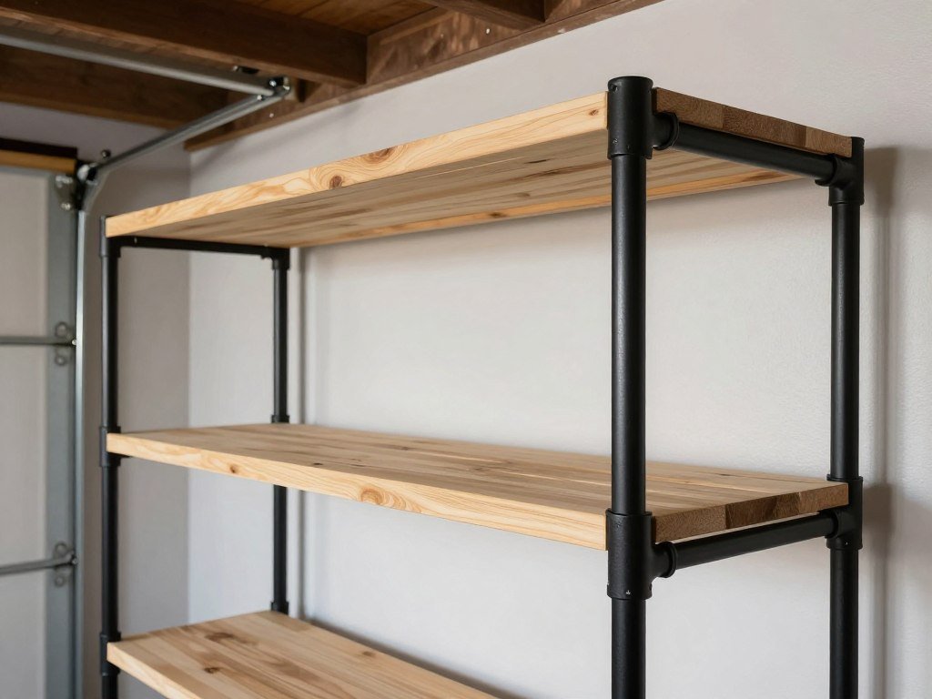 Industrial pipe and wood shelving system with rugged appearance holding garage items Industrial pipe and wood shelving system with rugged appearance holding garage items