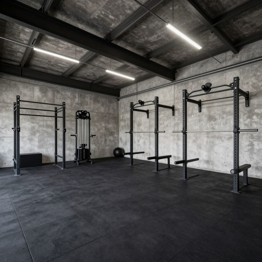 Industrial style black garage gym with exposed ceiling