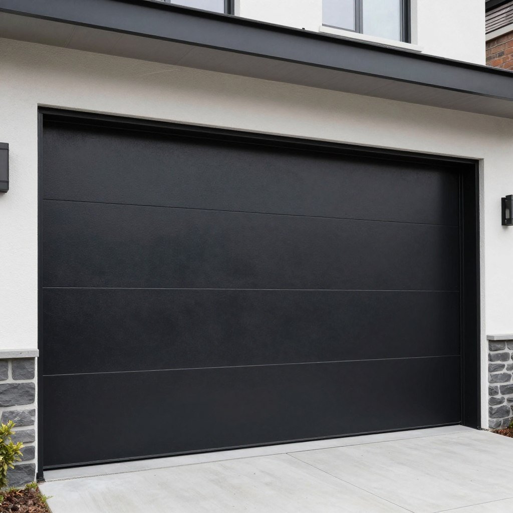 Industrial-style black metal garage door with minimal detailing