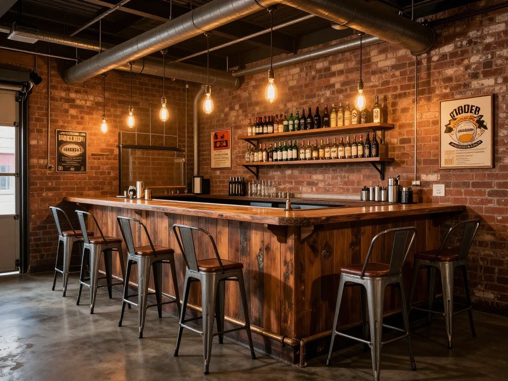 Industrial style garage bar with metal fixtures and exposed brick