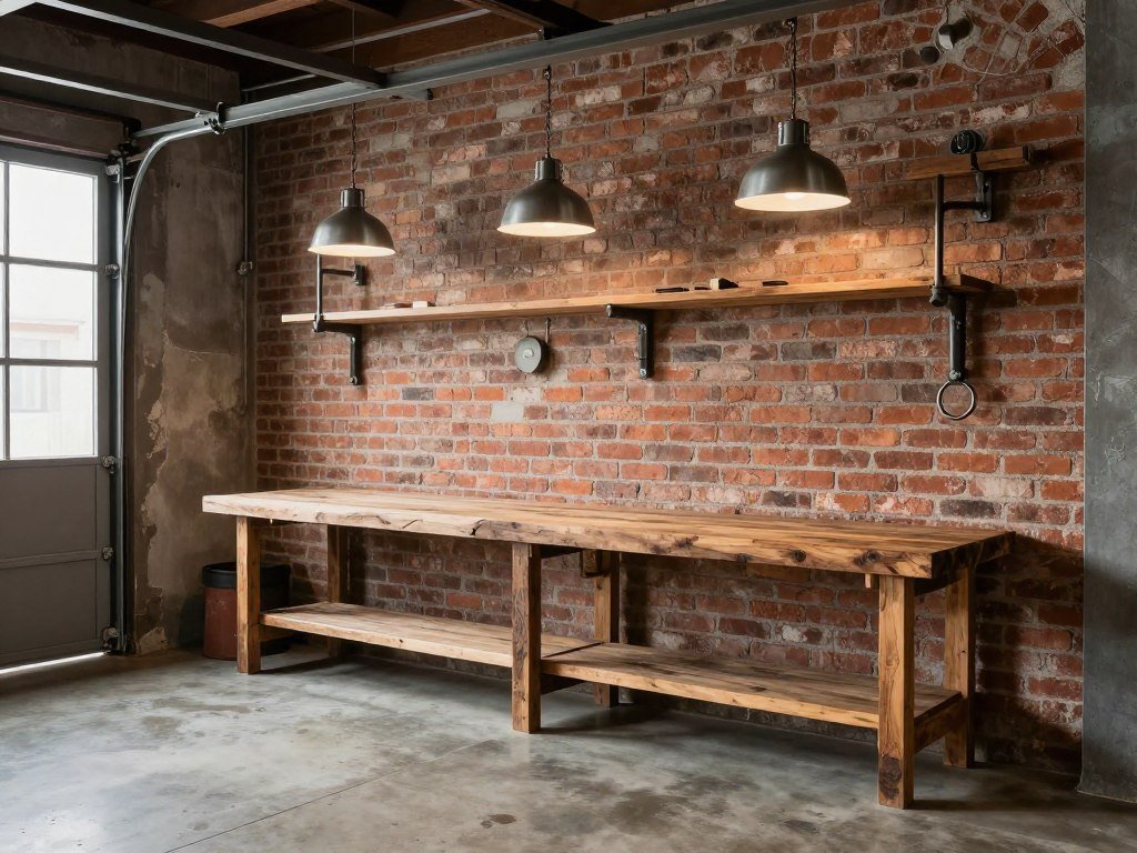 Industrial-style garage with exposed elements, metal fixtures, and vintage accents