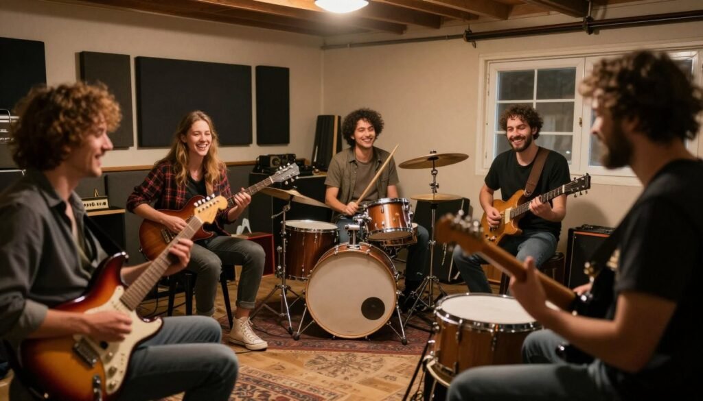 Inspiring image of a garage band enjoying making music together