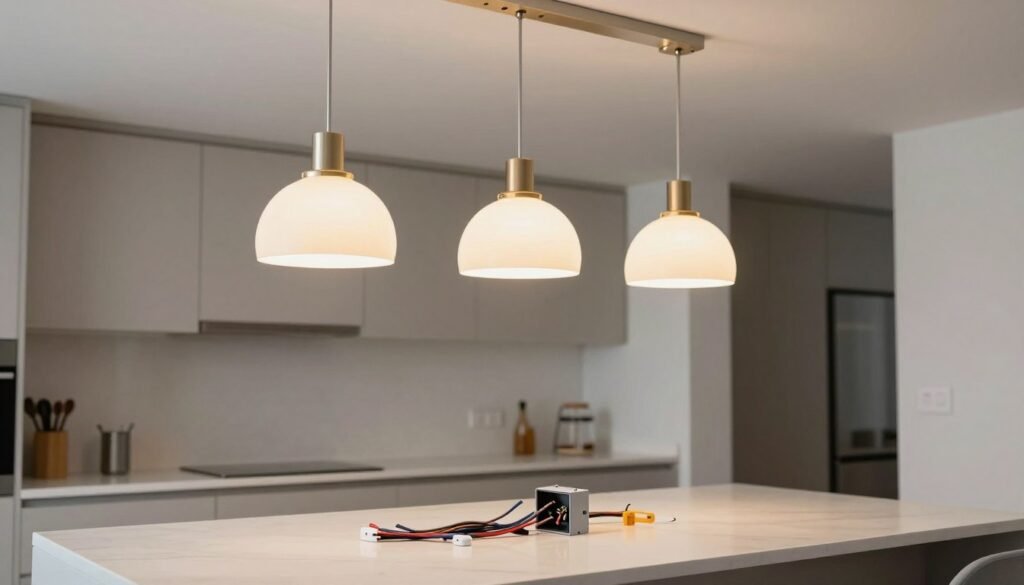 Installation of pendant lights over a kitchen island showing proper wiring and mounting Installation of pendant lights over a kitchen island showing proper wiring and mounting