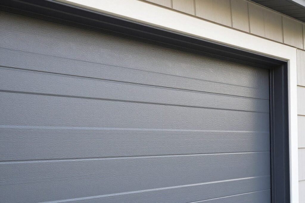 Insulated garage door with weatherstripping visible around the edges for energy efficiency