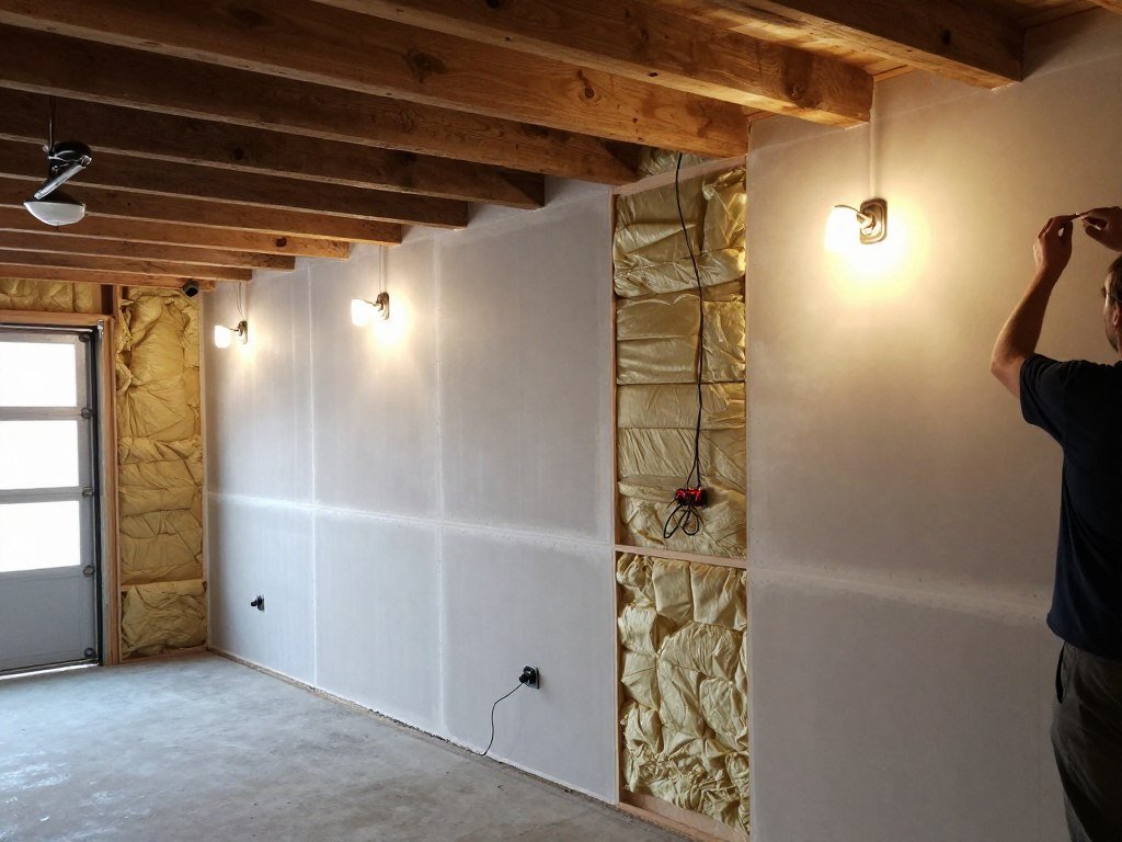 Insulated garage walls being prepared for a hangout space conversion