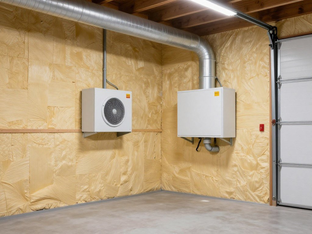 Insulated garage workshop with heating unit and proper ventilation Insulated garage workshop with heating unit and proper ventilation