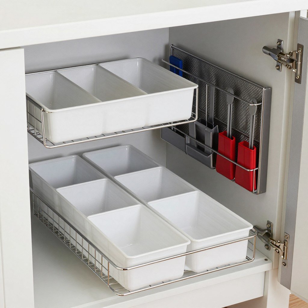 Interior cabinet organizers maximizing storage efficiency