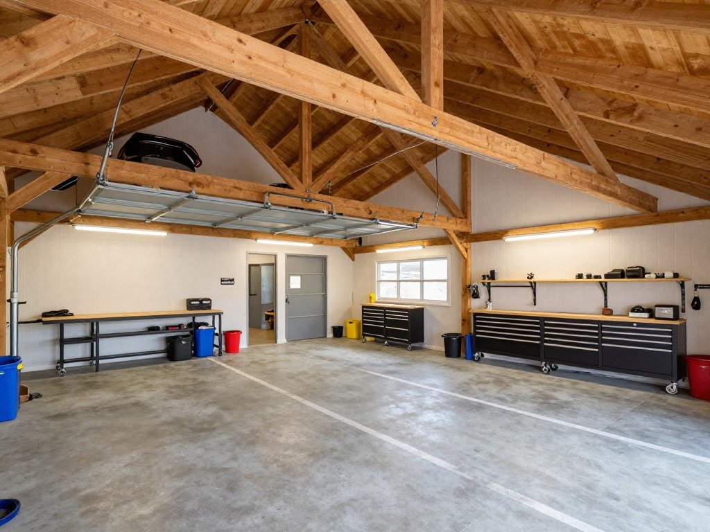 Interior layout of a barn style garage showing vehicle space and workshop area Interior layout of a barn style garage showing vehicle space and workshop area