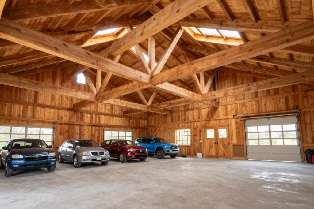 Interior of a barn style garage showing exposed beams, high ceilings, and wood paneling with space for multiple vehicles