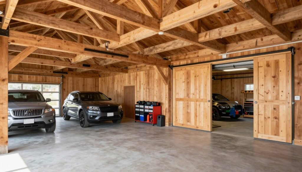 Interior of a barn style garage with exposed beams, wood paneling, and organized storage systems