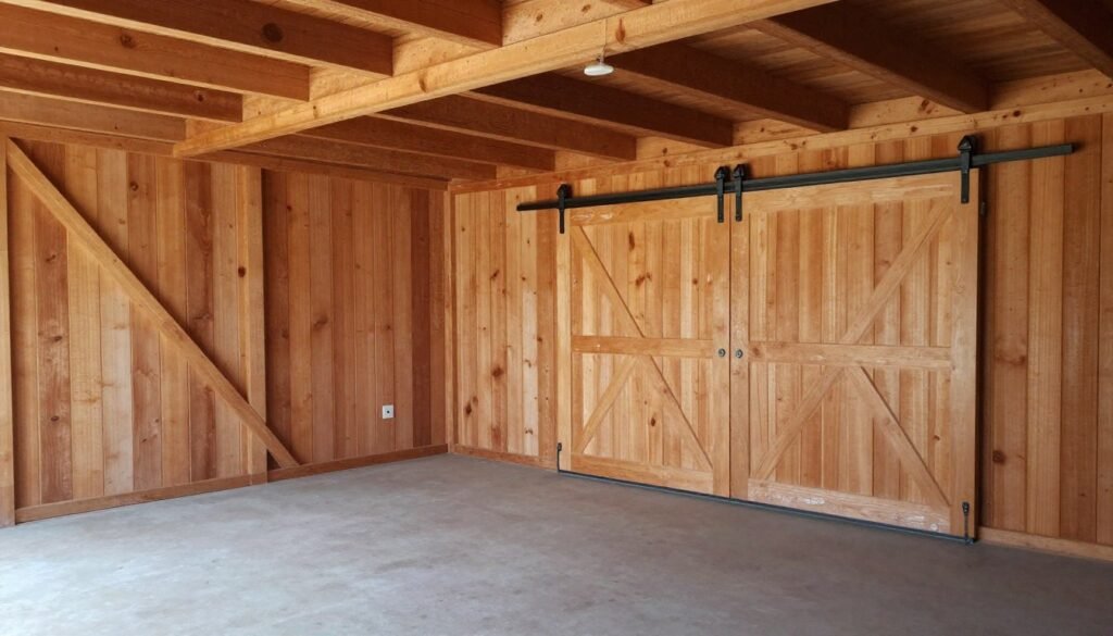 Interior of a converted garage showing barn-inspired elements like wood paneling and exposed beams