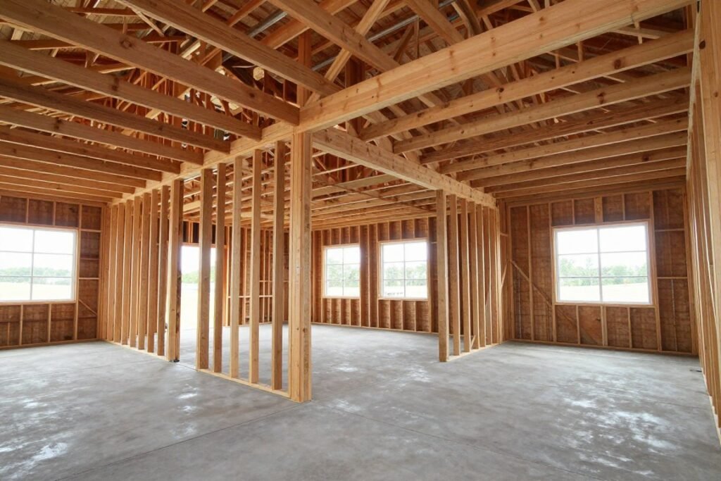 Interior of a pole barn garage showing open space and structural posts