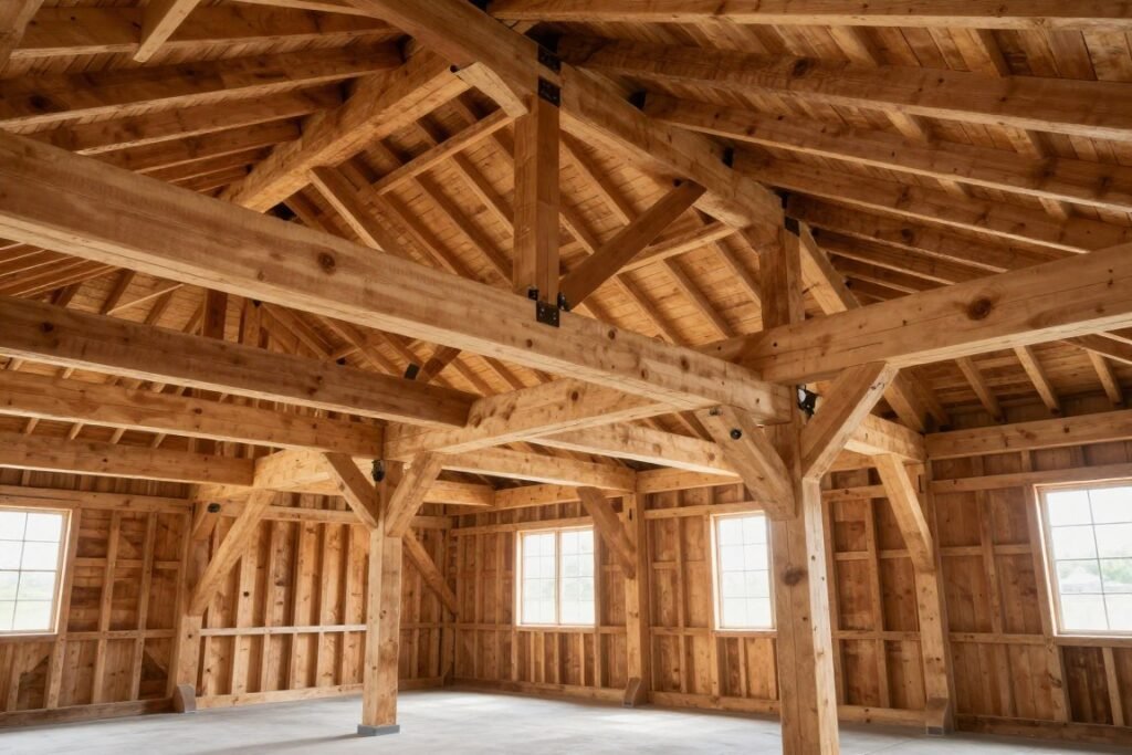 Interior of a timber frame barn garage showing exposed beams and joinery Interior of a timber frame barn garage showing exposed beams and joinery