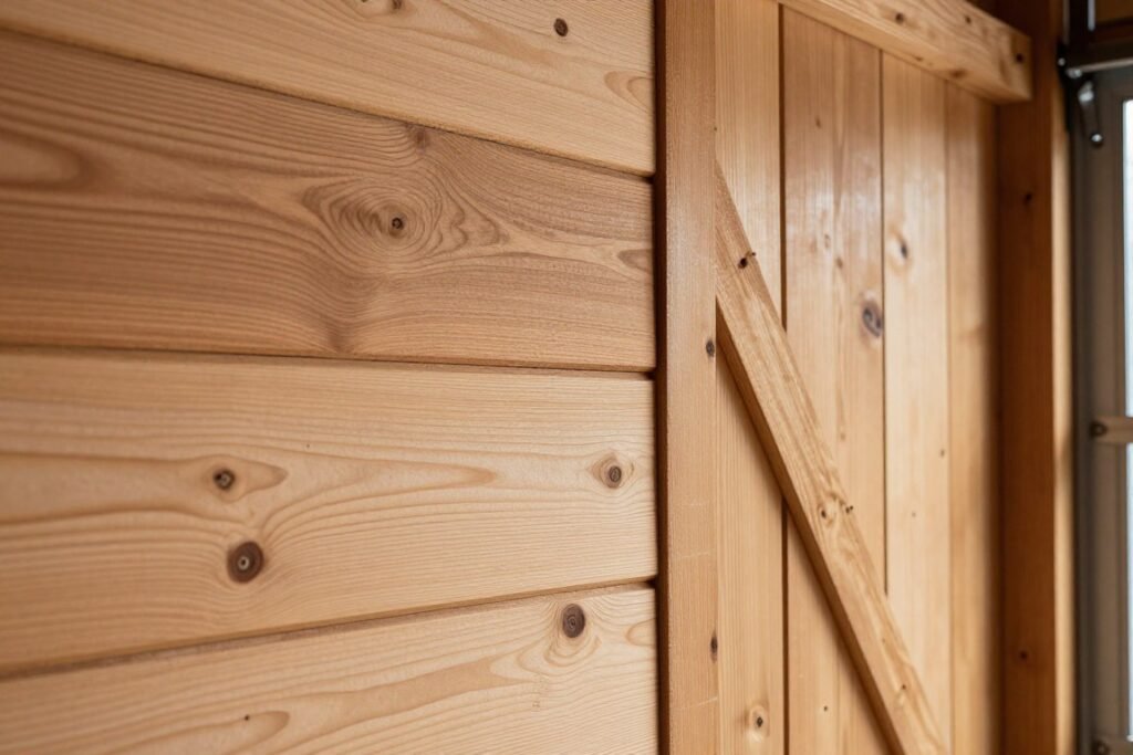 Interior wood wall paneling in a barn style garage showing various textures and finishes