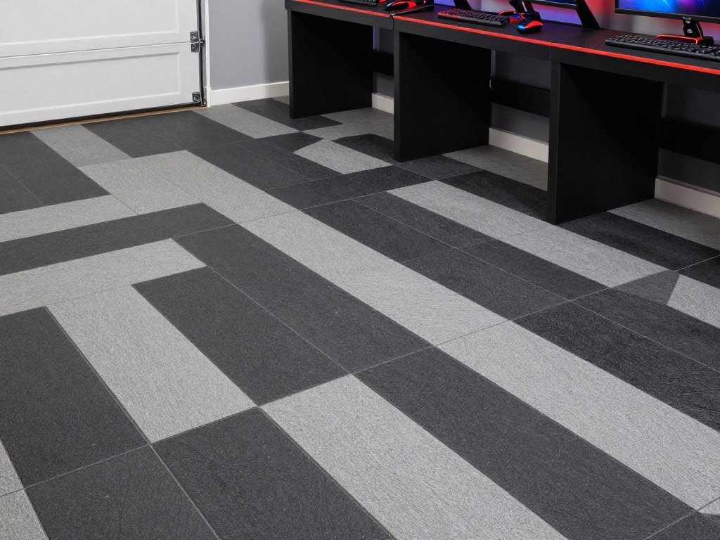 Interlocking floor tiles in a garage man cave with gaming setup