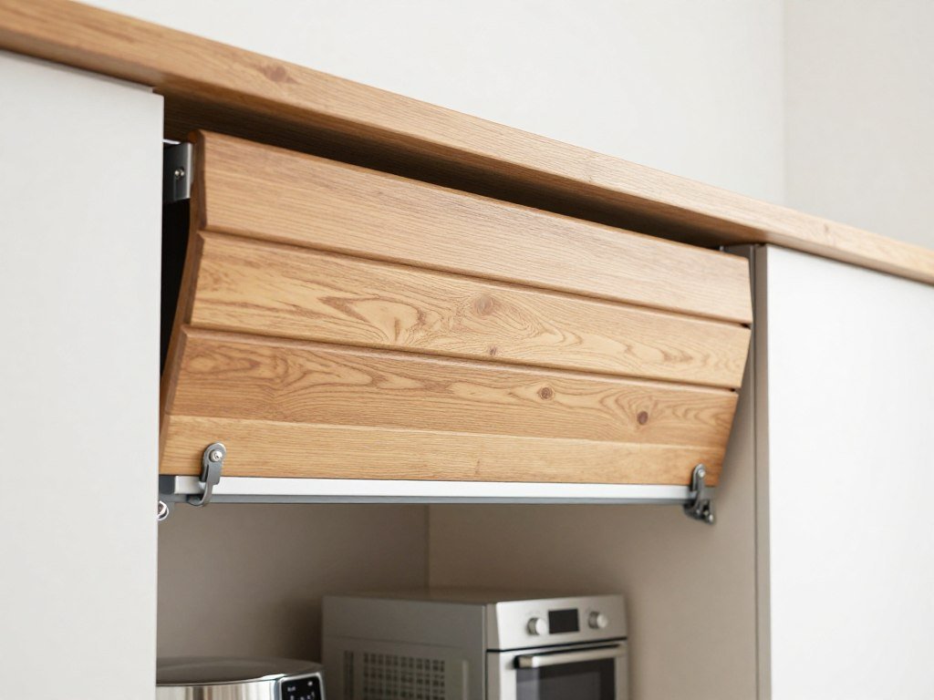 Kitchen appliance garage with tambour roll-up door showing small appliances inside