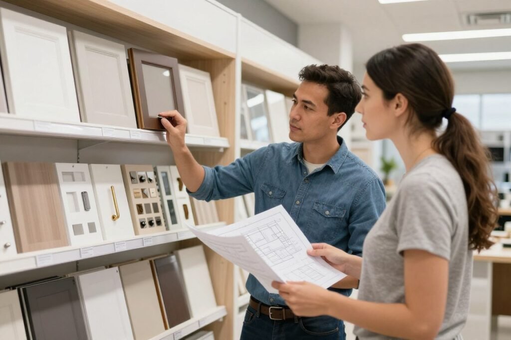 Kitchen designer working with homeowner on appliance garage plans