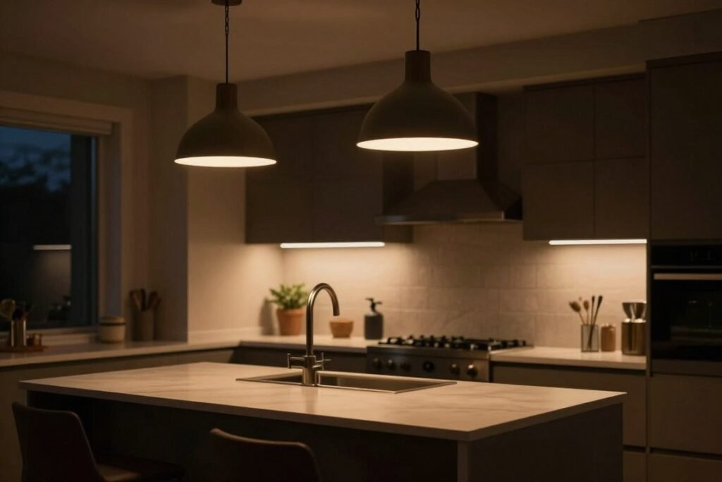 Kitchen island with dimmable pendant lights