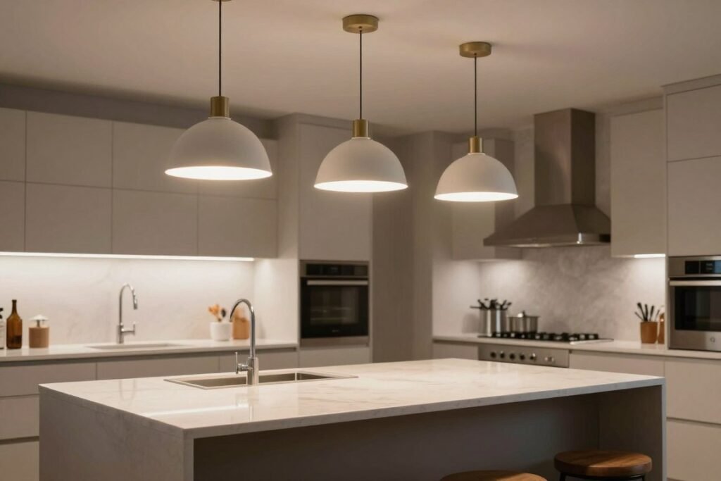 Kitchen island with dimmable pendant lights shown at different brightness levels