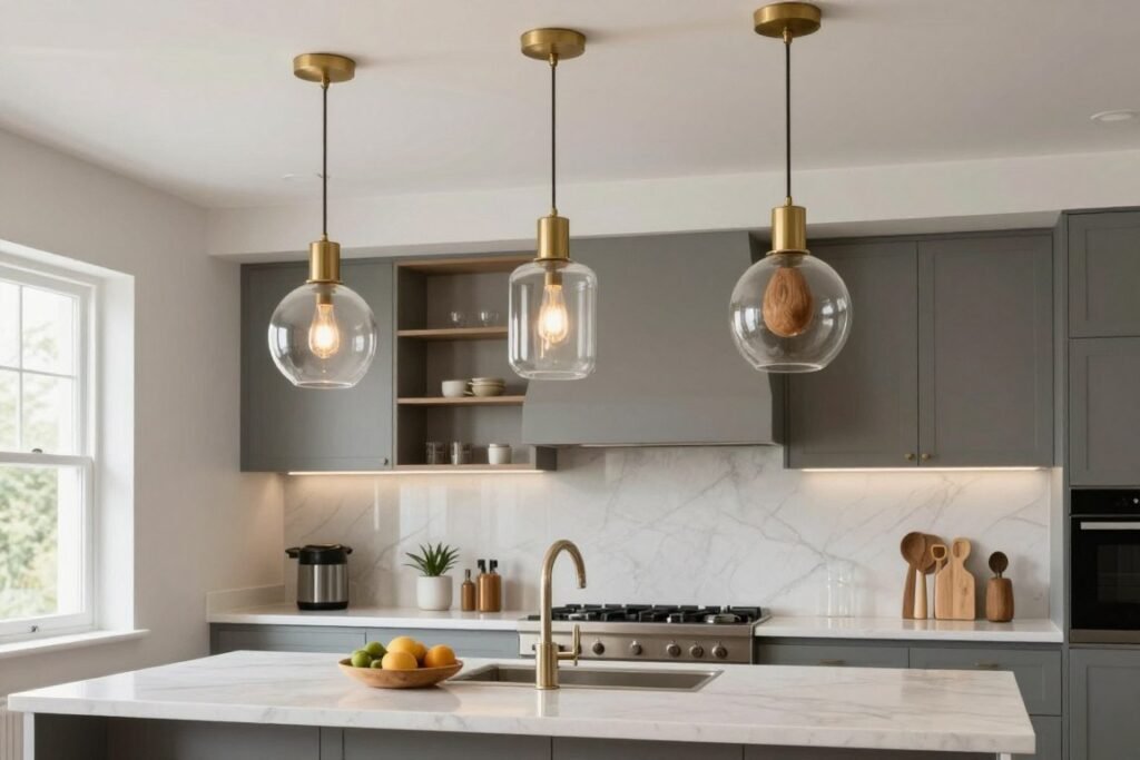 Kitchen island with mixed material pendant lights