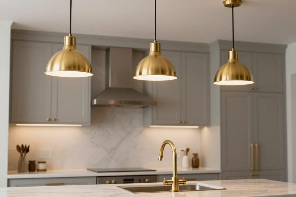 Kitchen showing coordinated finishes between pendant lights, cabinet hardware, and faucet