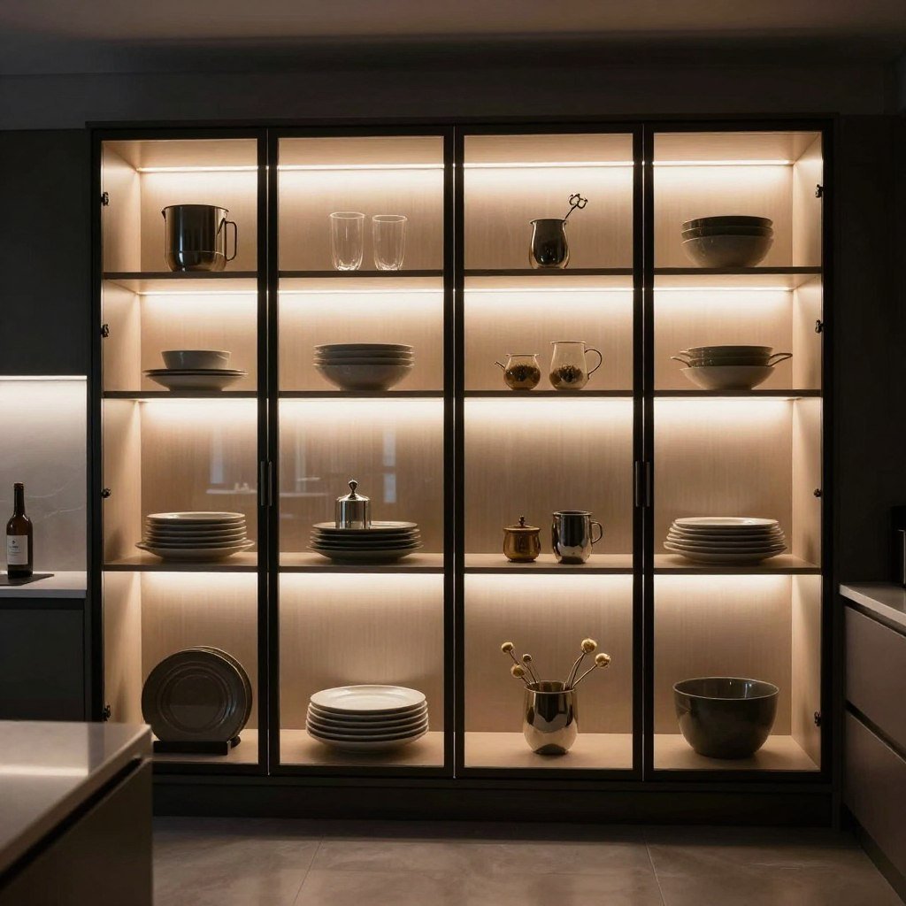 Kitchen with accent lighting highlighting glass cabinet displays