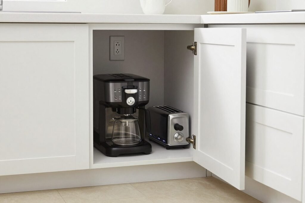 Kitchen with corner appliance garage featuring pocket doors and built-in outlets