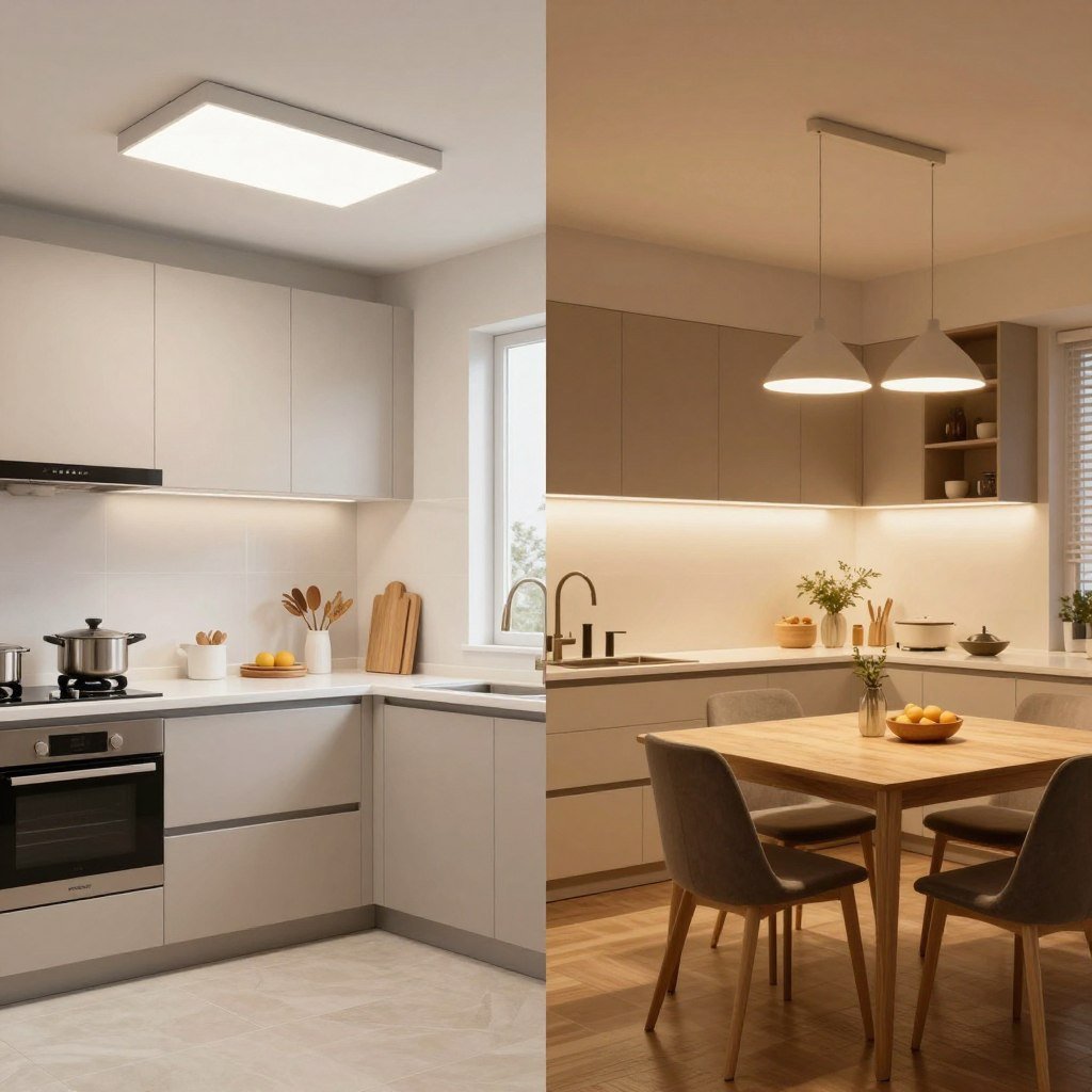 Kitchen with different lighting scenes showing versatility