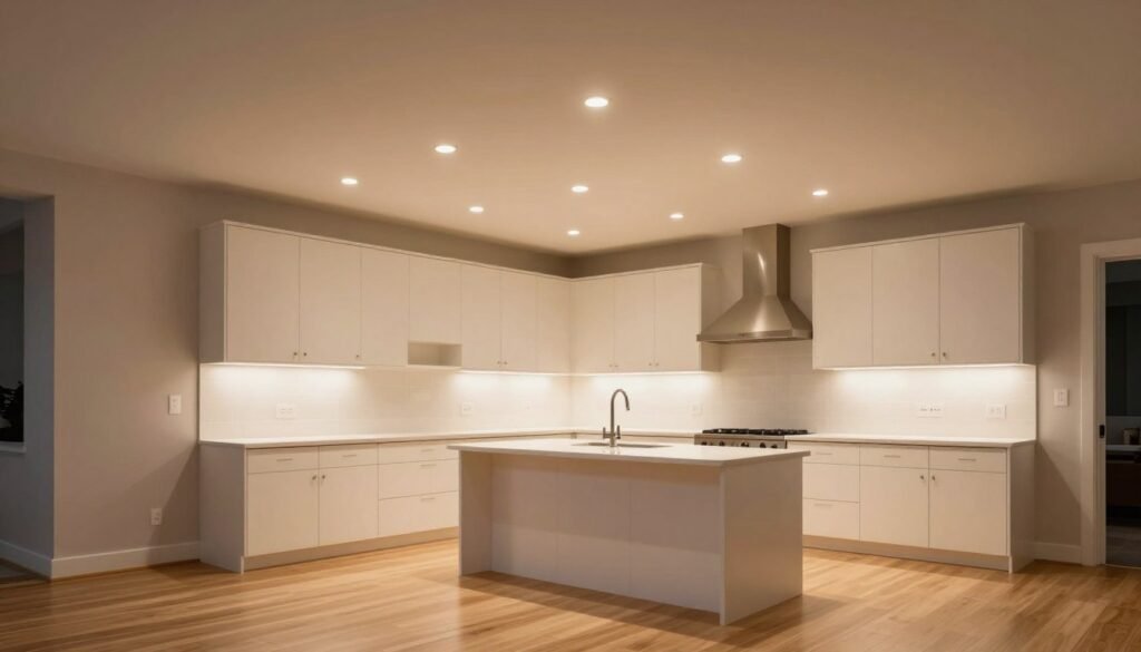 Kitchen with evenly spaced recessed lights providing ambient illumination