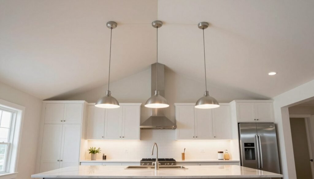 Kitchen with high ceilings and properly hung pendant lights over the island