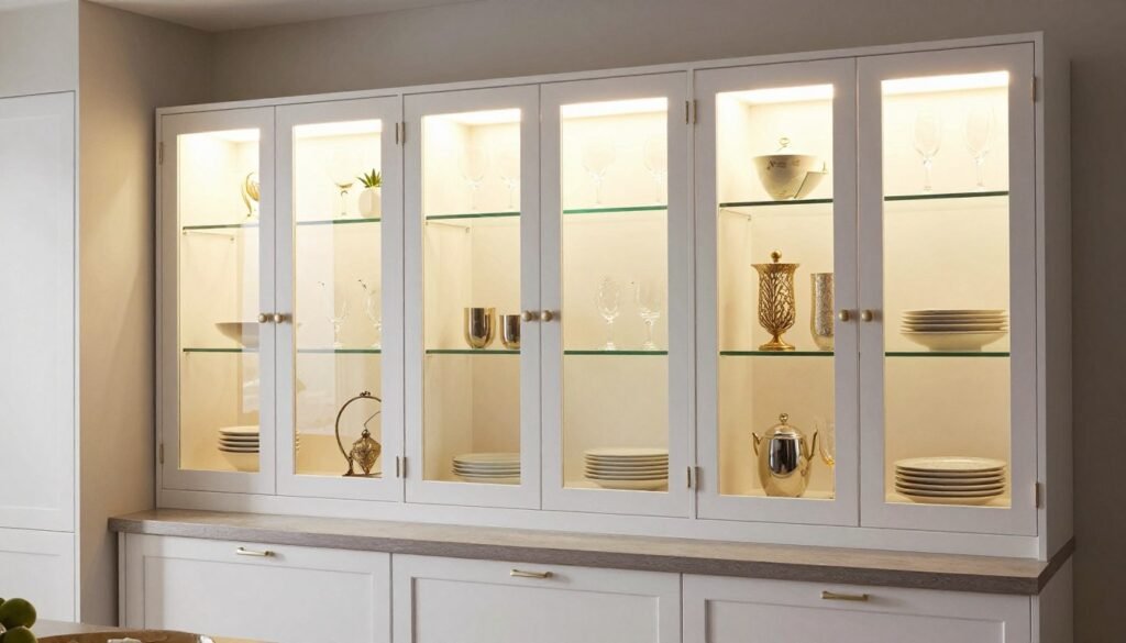 Kitchen with illuminated glass-front cabinets displaying dishware