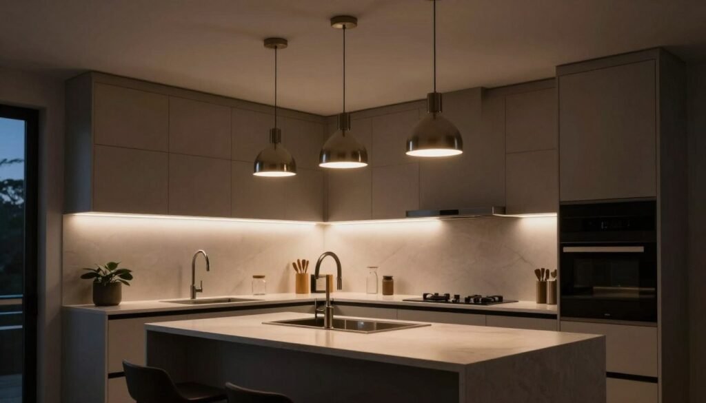 Kitchen with island pendants and LED strip accent lighting