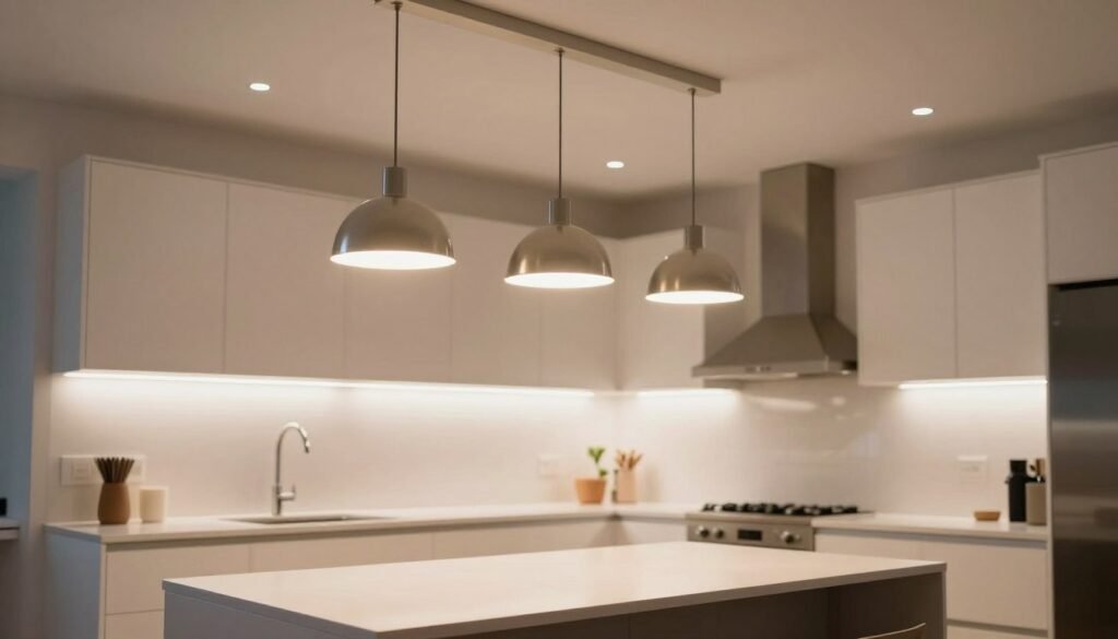Kitchen with layered lighting including pendants and recessed lights
