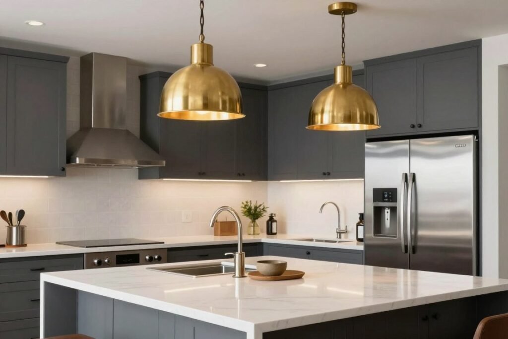 Kitchen with mixed metal finishes including brass pendant lights