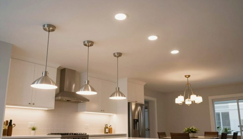 Kitchen with multiple lighting fixtures showing proper scale and placement Kitchen with multiple lighting fixtures showing proper scale and placement