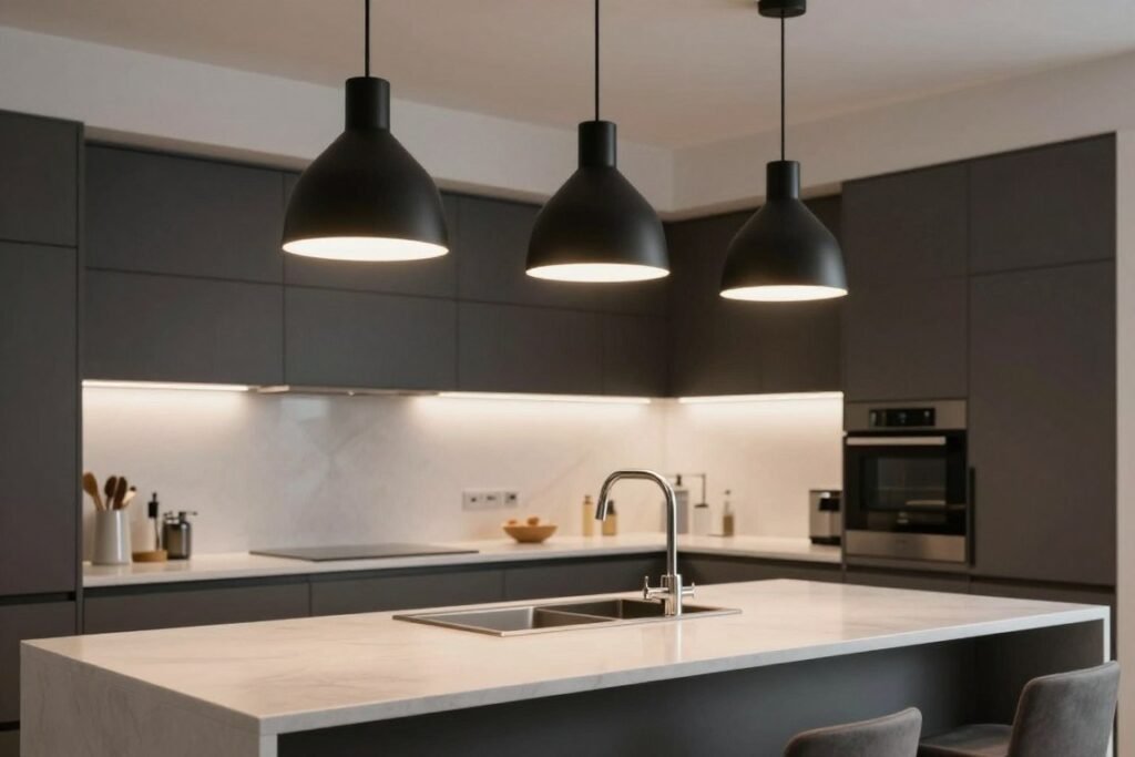Kitchen with on-trend matte black pendant lights