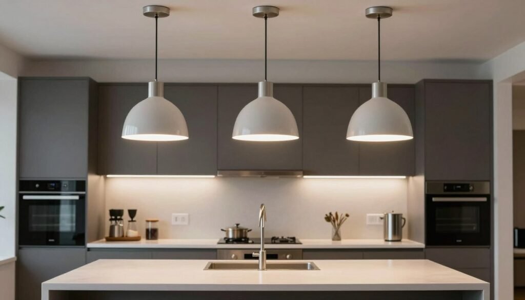 Kitchen with perfectly sized and positioned pendant lights over an island Kitchen with perfectly sized and positioned pendant lights over an island