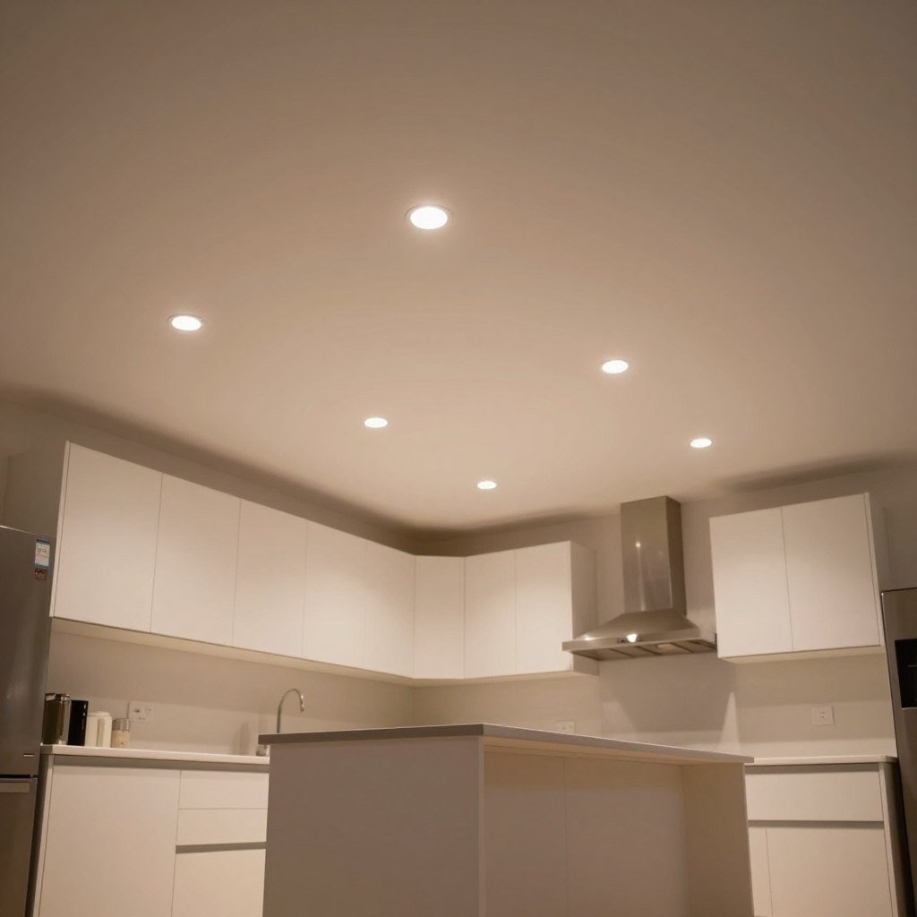 Kitchen with recessed ceiling lights providing ambient lighting