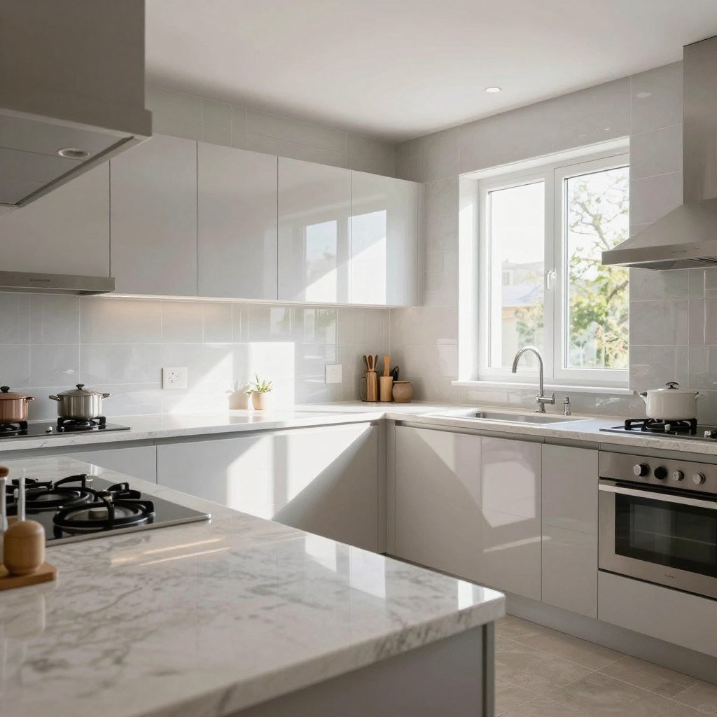 Kitchen with reflective surfaces that amplify natural light
