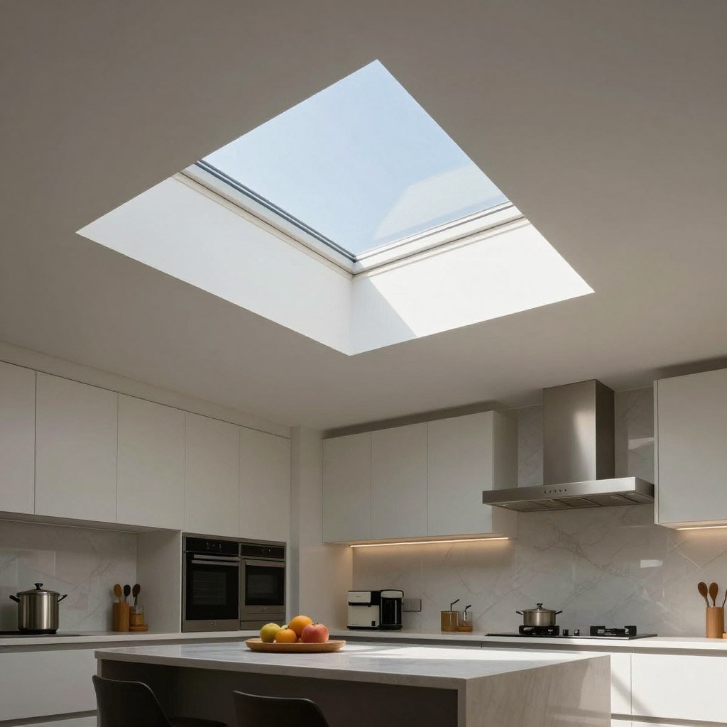 Kitchen with skylight providing natural illumination from above