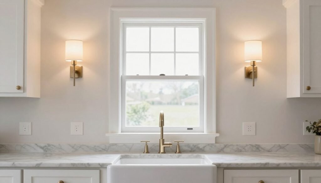 Kitchen with wall sconces flanking window above sink