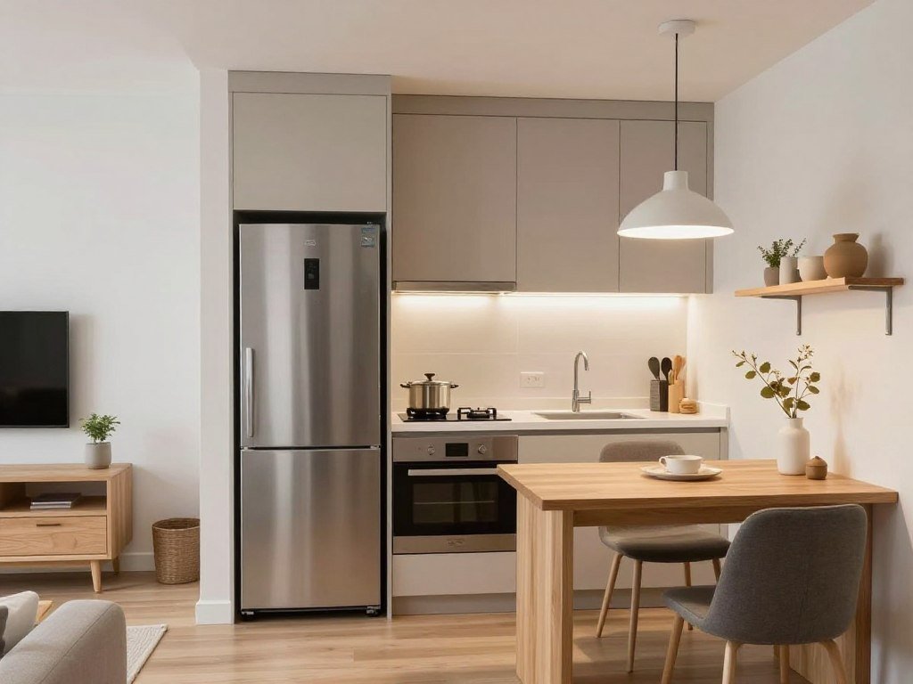 Kitchenette in an above garage apartment interior with efficient layout and smart appliances