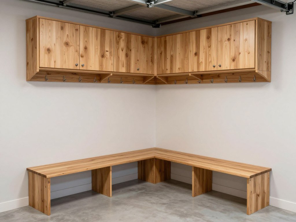 L-shaped corner garage mudroom with bench and storage